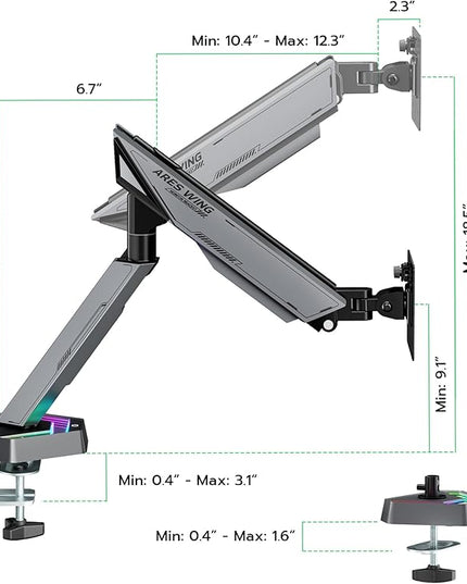 ARES WING RGB Single Monitor Arm Desk Mount for 17-45 inches Flat and Curved Monitors, Holds 35.2 lbs Heavy Duty, Adjustable Ultrawide Monitor Arm with Clamp & Grommet Base, 75/100 VESA Mount, Gray