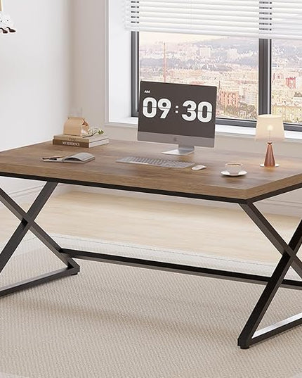 IBF 60” Rustic Computer Desk, Modern Wood Metal Home Office Desk, Farmhouse Work Desk for Writing Study in Bedroom, Minimalist Laptop Executive Workstation Computer Gaming Table, Rustic Oak, 60 in