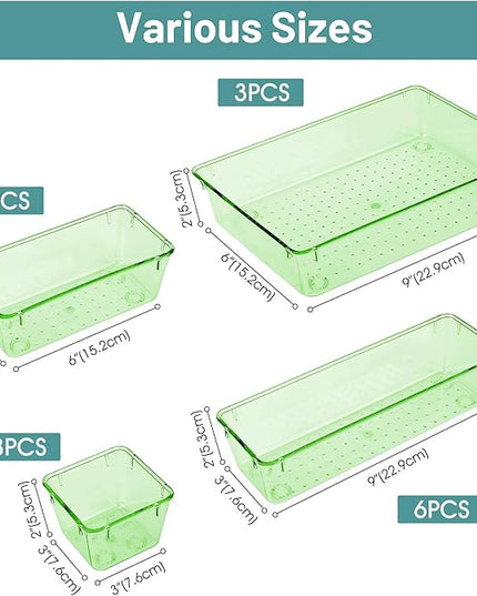 WOWBOX 25 PCS Plastic Drawer Organizer Set, 4 Sizes Desk Drawer Divider Organizers and Storage Bins for Makeup, Jewelry, Gadgets for Kitchen, Bedroom, Bathroom, Office, Clear Green