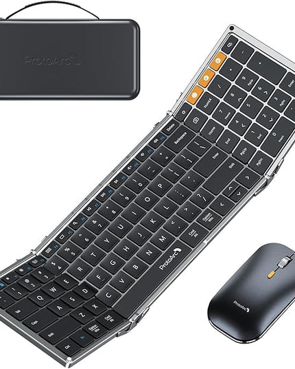 ProtoArc Foldable Keyboard and Mouse, XKM01 True Full-Size Folding Wireless Keyboard Mouse Combo for Business Travel, a Portable Office Suite On-the-Go, Compatible with Laptop iPad Tablet - Black Gray
