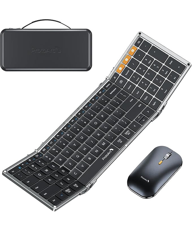 ProtoArc Foldable Keyboard and Mouse, XKM01 True Full-Size Folding Wireless Keyboard Mouse Combo for Business Travel, a Portable Office Suite On-the-Go, Compatible with Laptop iPad Tablet - Black Gray