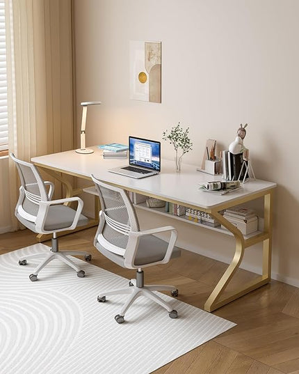 Extra Long Desk with Bookshelf - 63" Double Long Writing Table for 2-Person Workstation, Modern Study Work Computer Desk for Home and Office, Gold