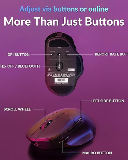 Keychron M7 8K Wireless Mouse, 30K DPI Optical Computer Mice, 2.4 GHz/Bluetooth/Wired with Macro Button 66g Lightweight Ergonomic, Up to 140 Hours Worktime for Laptop macOS/Windows - Black