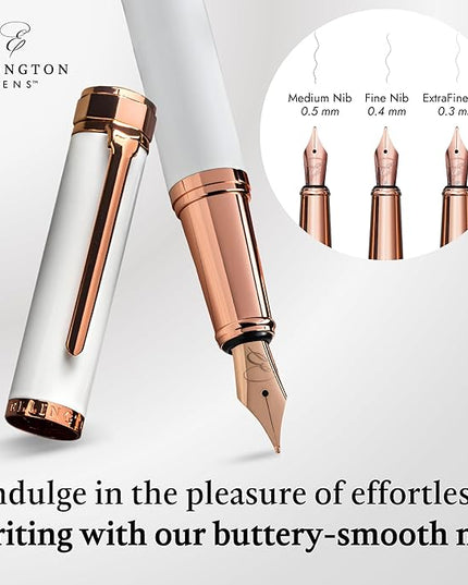 Ellington Pens Luxury Fountain Pen Set - Extra Fine Nib - Includes 3 Ink Cartridges, Refillable Ink Converter, Gift Box - Fountain Pens For Writing, Calligraphy, Journaling, Sketching (Alpine Rose)