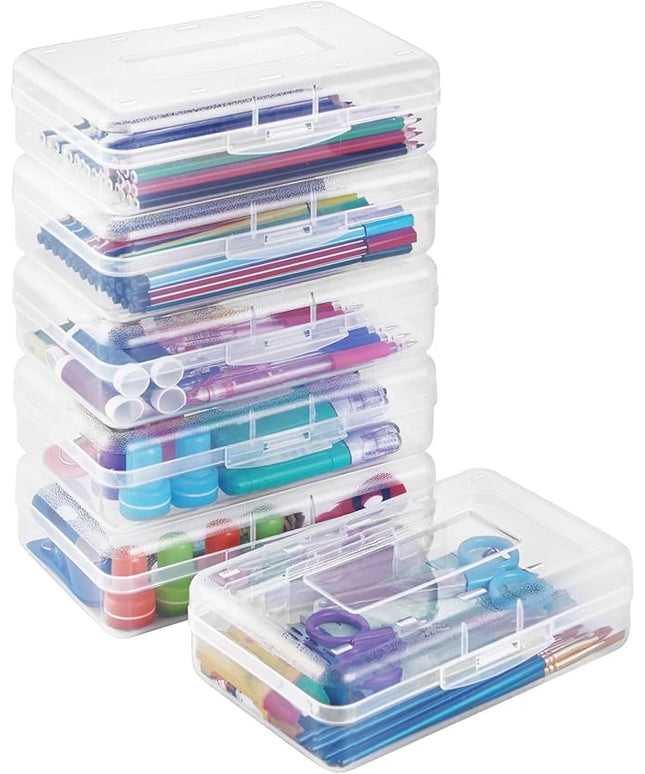 Sooez Plastic Pencil Case Box 6 Pack, Large Crayon Maker Pen Organizer, Plastic Containers with Snap Lids, Stackable Craft Storage Boxes Bulk, School Supplies Art Box for Bead, Clear