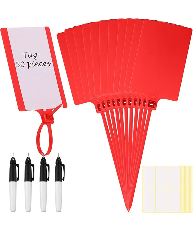 Pajean Waterproof Plastic Tags with Marker Pens and Sticker Labels, Self Locking Bag Writable Tags with Wire Cable Ties for Luggage(Red,50 Pieces)