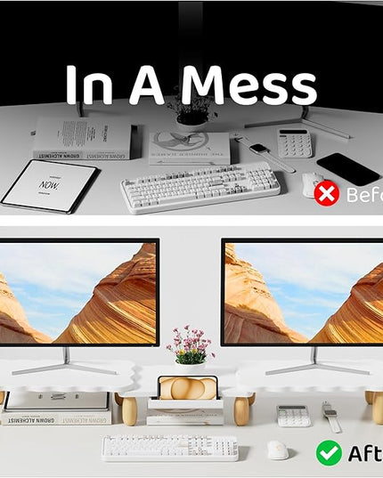 Dual Monitor Riser, Cookie-Shaped Adjustable Length & Swivel Angle, Wooden Desktop Organizer for 2 Monitors,Monitor Stand with Drawer for Laptop, PC, Computer, Printer,White