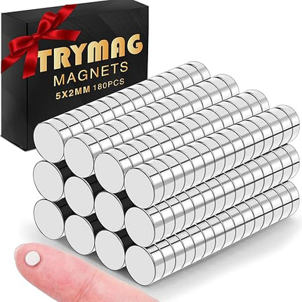 TRYMAG 180Pcs Small 5x2mm Strong Neodymium Magnets, Tiny Rare Earth Round Fridge Magnets for Whiteboard, Office, DIY, Science, Photo - Come with a Storage Case