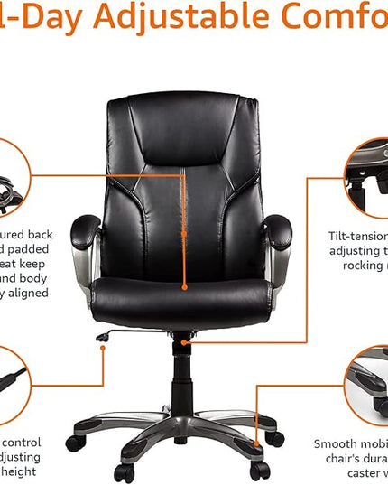 Amazon Basics Executive High Back Office Desk Chair, Adjustable Height, Tilt, Swivel, one Size, Black/Silver