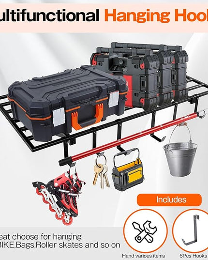Garage Wall Shelving, 2X4ft Garage Storage Rack,Heavy Duty Wall Mounted Storage Shelf With 12 pc Hooks-Each Loads 260lbs Metal Wall Shelf,Black,2Pack