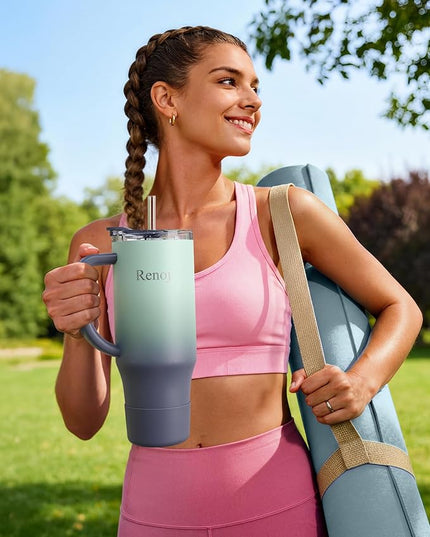 Renoj Tumbler with Handle 100% Leak Proof Insulated Water Bottle for Iced Coffee & Hot Drinks - Fits Car Cup Holder, Ideal Gift, 2 Straws & Silicone Boot BPA-Free - SnapShift Blue Gradient 32 oz