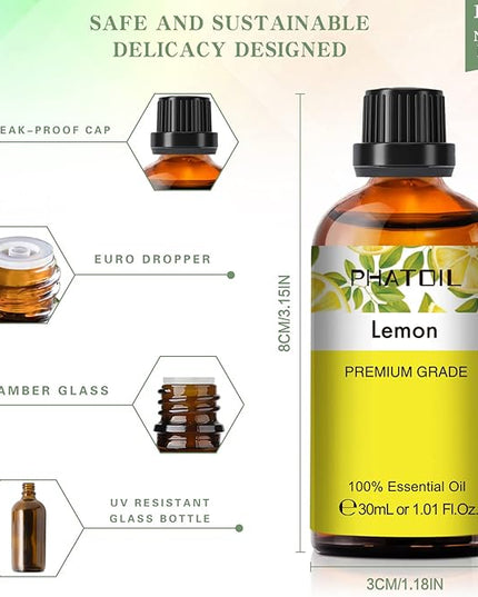 PHATOIL 1.01FL.OZ Lemon Essential Oil, Pure Aromatherapy Essential Oils for Diffuser, Humidifier, Scented Oils for Soap, Candle, Bath Bombs Making(30ML)