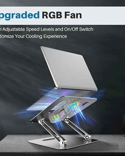 Adjustable Laptop Cooling Stand with 2 Quiet Fans & RGB Lighting, Aluminum Alloy & Foldable Ergonomic Design for MacBook, Lenovo, ASUS, Dell 10-16 Inch, Perfect for Gaming, DJ, Office - Gray