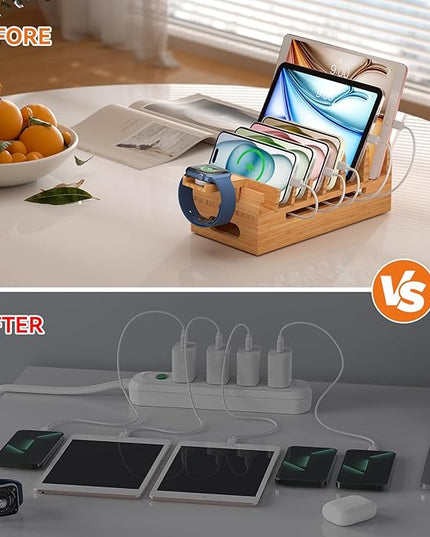 Pezin & Hulin Bamboo Charging Station with Watch Stand, Docking Holder for Multi Device with 5 Charge Cables, Desktop Dock Stations Electronic Organizer for Cellphone, Tablet, Watch-Natural Bamboo