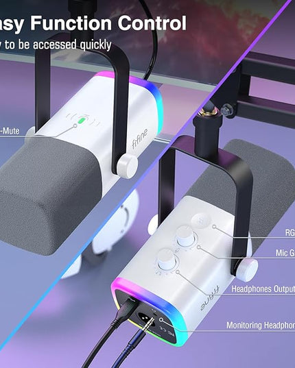 FIFINE Gaming XLR/USB Microphone Kit, Streaming Dynamic Mic Set for PC, Computer Mic for Vocal Podcast Recording Voiceover, with Headphones Jack, Gain Knob, Arm Stand-AmpliGame AM8T White