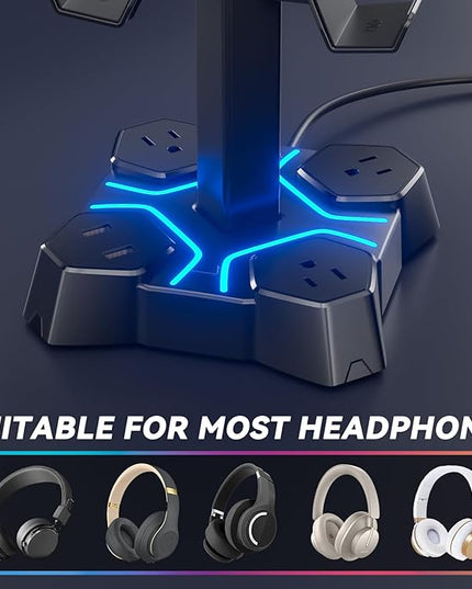 KDD Headphone Stand with USB Charger, Controller Stand for Desk, Headphone Holder with 2 USB Charging Ports and 3 AC Outlets, Accessories for Desktop(Black)