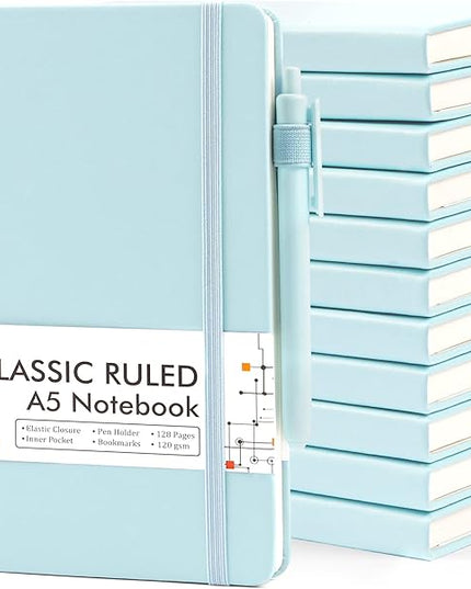 feela 12 Pack Notebooks Journals Bulk, Hardcover Notebook Classic Ruled Lined Journals with Pen Holder for Women Girls School Business Supplies, with 12 Black Pens, 120 GSM, 5.1”x8.3”, A5, Sky Blue