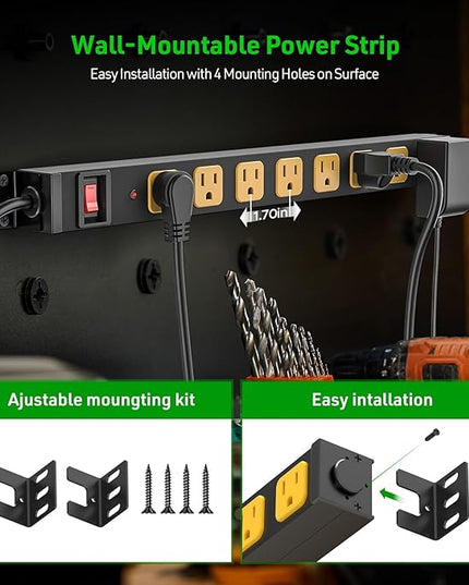 CRST 8 Outlet Heavy Duty 360° Rotating Mountable Power Strip, 2100 Joules Surge Protector Power Strip, 15Amp/1875W Garage Shop Home Power Bar with 6FT 14AWG Cord