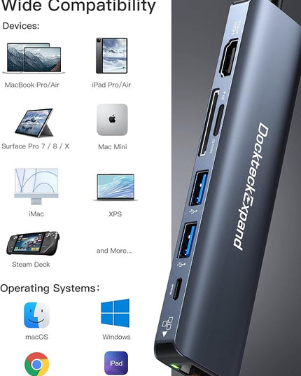USB C Hub Ethernet, DockteckExpand 7-in-1 Multiport Adapter Type C to 4K@60Hz HDMI, Gigabit Ethernet, 100W PD Charging, 2 USB 3.0, SD/TF Card Readers, for MacBook Pro/Air, iPad Pro/Air, XPS and More
