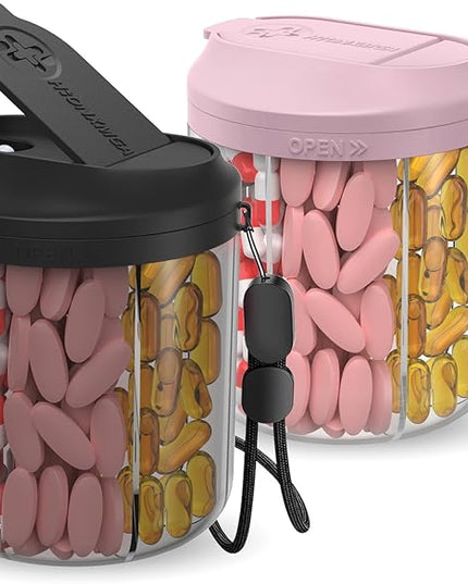 Pill Dispenser with 7 Large Compartments, Pill Bottle Organizer for Travel, Supplement Organizer with Anti-Mixing Design, BPA-Free Pill Container with 20 Pcs Labels, Pink + Black