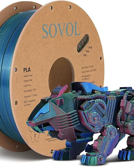Sovol PLA Filament Silk Tri Color Co-Extrusion 1.75mm, 3D Printer Filament 1kg/ 2.2lbs, Shiny Silk Dark Red Green Blue 3 in 1 Coextrusion PLA Material +/-0.03mm