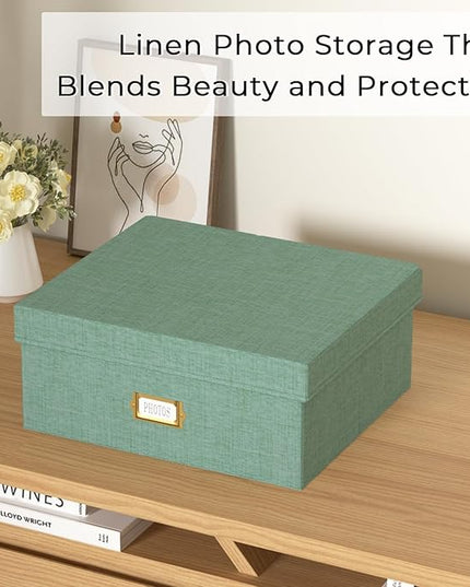 Decorative Photo Storage Box - Linen Photo Box Organizer with Dividers, Fits Holds Up to 1700 Pictures and 4x6 Photos, Memory Keepsake Organizer for Photos, Scrapbook Supplies, Cards, Stamps (Green)
