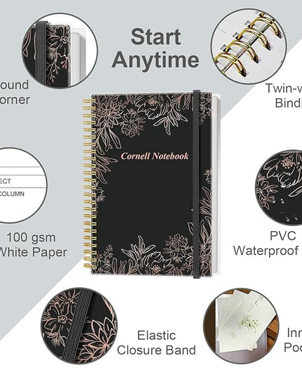 Yaridar A5 Cornell Notes Notebook - College Spiral Cornell Notebooks for Note Taking, Subject College Ruled Steno Pads for Office/School/Home, 5.8" x 8.5", Black Flower