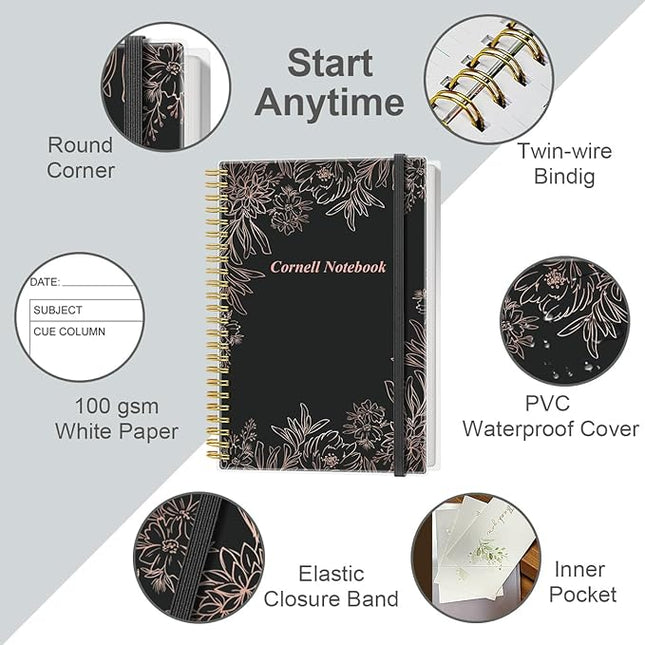 Yaridar A5 Cornell Notes Notebook - College Spiral Cornell Notebooks for Note Taking, Subject College Ruled Steno Pads for Office/School/Home, 5.8" x 8.5", Black Flower