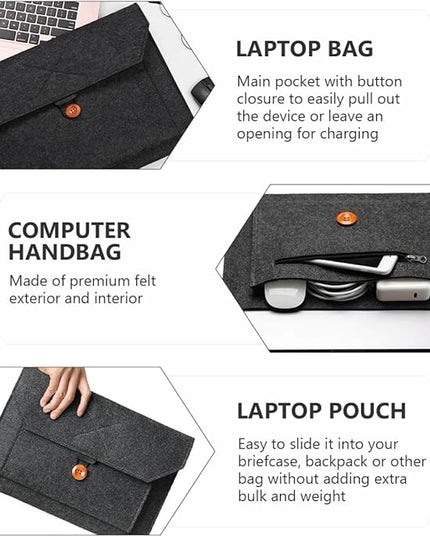 13-Inch Felt Laptop Sleeve Bag for Business Professionals, Portable Black Laptop Protector Pouch with Tablet Storage, Travel-Friendly Computer Handbag for Men and Women