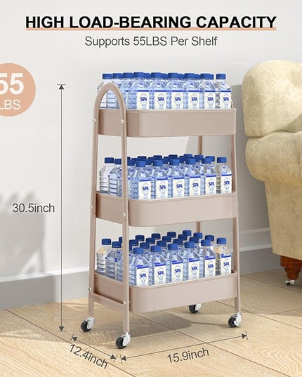 EAGMAK 3 Tier Utility Rolling Cart, Metal Storage Cart with Handle and Lockable Wheels, Multifunctional Storage Organizer Trolley with Mesh Baskets for Kitchen, Living Room, Office, Garage (Beige)