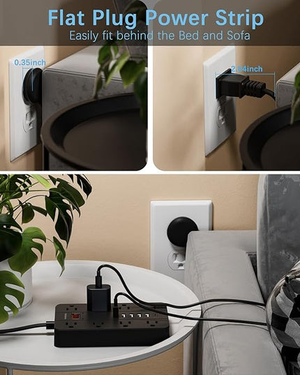 15 Ft Long Extension Cord Power Strip Surge Protector, HUNIAN Flat Plug with 8 Widely Spaced Outlets 6 USB, Wall Mount Charging Station for Home and Office, Black