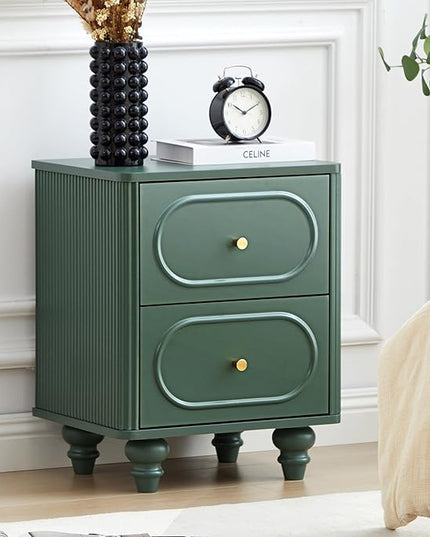 2 Drawer Fluted Mini Small Dresser for Bedroom Set of 2, Mid Century Modern Nightstand Bedside End Table, Wood Storage Dresser Organizer for Bedroom, Green