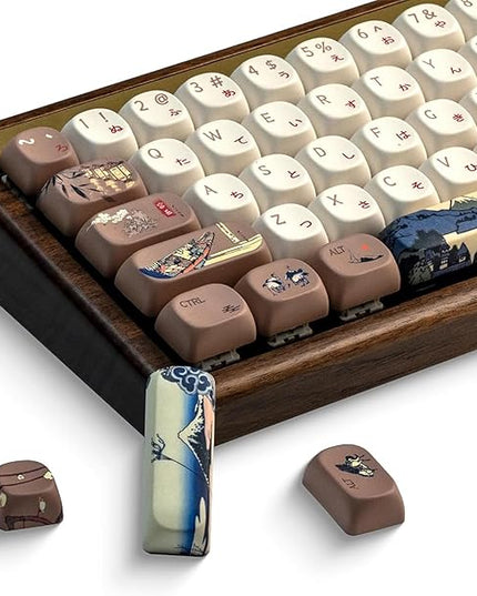 OHY XVX MOA Profile Japanese Fuji Mountain Theme PBT Keycaps Set, 140-Key Coffee & Cream Custom Keycaps for US Layout Mechanical Keyboards (Brown/Beige Design with Key Puller)