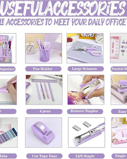 Purple Desk Accessories, 17Pcs Purple Office Supplies Set with Stapler, Mesh Desk Organizer, Tape Dispenser, Staple Remover, Pen Holder, Clips, Pens, Ruler, for Office Home School Women Students Gift