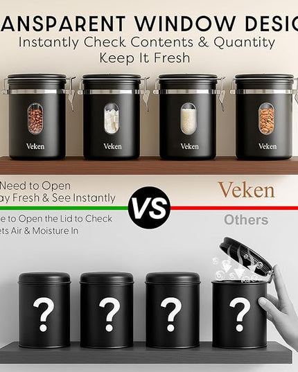 Veken Coffee Canister with Window, Airtight Stainless Steel Kitchen Food Storage Container with Lids, Date Tracker and Scoop for Grounds Coffee, Beans, Tea, Flour, Cereal, Sugar Jars, 16OZ, Black
