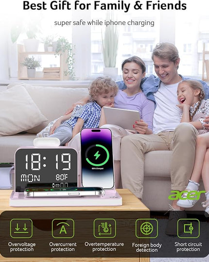 Acer 7-in-1 Wireless Charging Station with LED Clock - 30W Fast Wireless Charger for iPhone 16/15/14/13/12/Pro Max, Apple Watch, AirPods - Bluetooth Auto Time Sync & Night Lights (Purple)