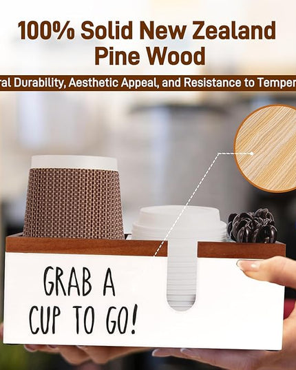 Intarsio 100% Wooden Coffee Cups Holder with U-Shape Cutout Design for Countertop-Coffee Bar Organizer for Cups, Lids, Pods, Stirrers, and Accessories, Great Gift for Home or Office (White)