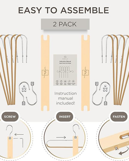 MORALVE Pants Hangers Space Saving - 2 Pack European Beechwood Scarf and Jean Hangers - Closet Organizer and Space Saver Pant Rack, Leggings Hanger, and Scarf Holder with 360° Swivel Hook