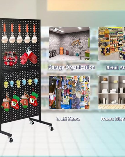 2'x 5' Standing Pegboard Display with T-Base, Pegboard Display Stand with Wheels, Metal Peg Board Display Rack, Art Display Stand, Extra 10 Pieces Hooks - Black