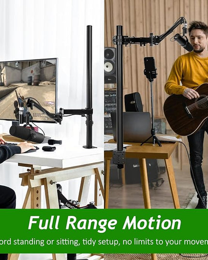 Mic Boom Arm, Adjustable Height Overhead Microphone Stand with Heightened Extension Riser for Shure SM7B Blue Yeti HyperX QuadCast S and other Mic