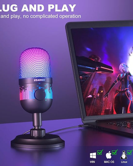 Aokeo USB Gaming Microphone, Condenser Microphone for PC/MAC/PS4/PS5/Phone-Cardioid Mic with RGB Lighting