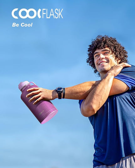 Coolflask Half Gallon Water Bottle Insulated with Straw & 3 Lids, 64 oz Water Jug Large Metal Stainless Steel Wide Mouth for Sports, Gym or Office, Non-BPA Keep Cold 48H Hot 24H, Glitter Pink