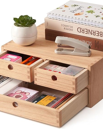 Kirigen Natural Wooden Desktop Organizer - Office Supplies Filing Tidy Storage Shelf - Storage Cabinet/Jewelry Organizer with 3 Drawers (NA, 2-Layer &3 Drawers)