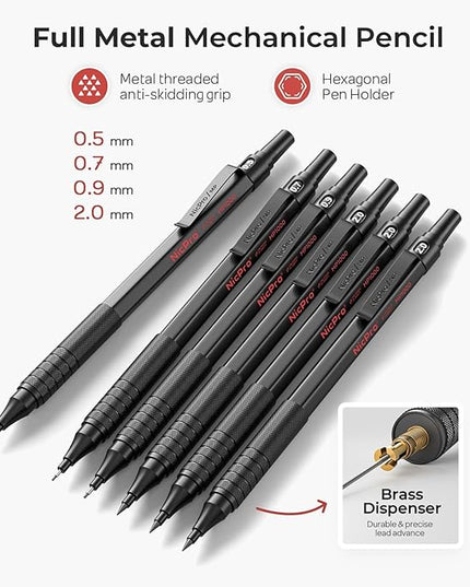 Nicpro 30PCS Black Metal Mechanical Pencil Set in Leather Case, Art Drafting Pencil 0.5, 0.7, 0.9 mm, 2mm Lead Pencil Holders for Sketching Drawing With 16 Tube (6B 4B 2B HB 2H 4H Colors)Lead Refills