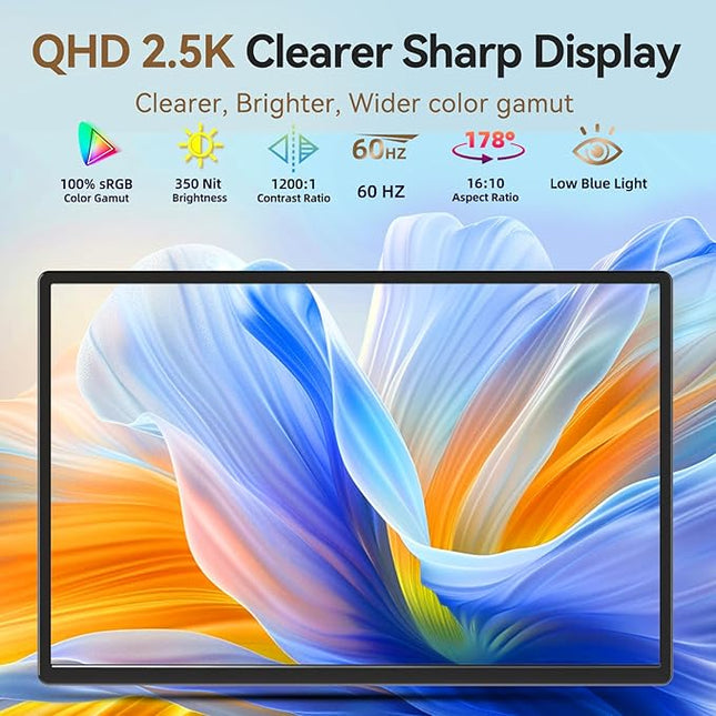 Larksmile 16” Portable Monitor - 2.5K QHD Laptop Screen Extender IPS Screen 100% sRGB External Portable Display with Stand Travel Monitor for PC Windows MAC Switch Phone Xbox PS4/5