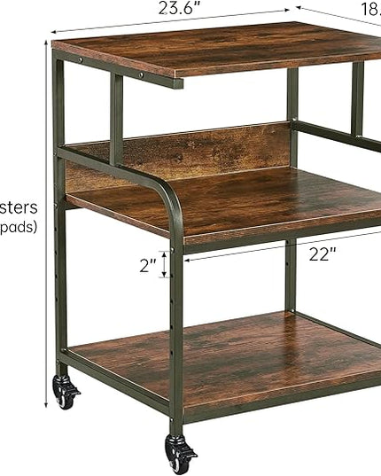 Large Printer Stand with Adjustable Storage Shelf, 3 Tier Printer Cart with Wheels for Home Office Organization, Rolling Table Stand for Heat Press Mini Fridge, Industrial Style