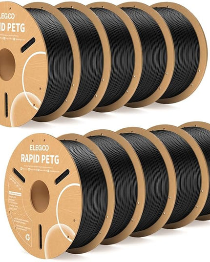 ELEGOO Rapid PETG Filament 1.75mm Black 10KG, High Speed 600mm/s 3D Printer Filament Dimensional Accuracy +/- 0.02 mm, 10 Pack 1kg Cardboard Spool(2.2lbs) Fits for Most FDM 3D Printers