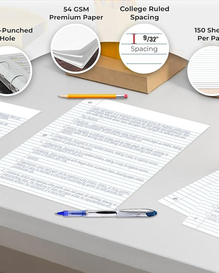 Rosmonde Loose Leaf Paper Bulk, 6750 Sheets, 45 Pack, College Ruled Sheets, 8 x 10.5", 150 Sheets/Pack, 3 Hole Punch, Bulk Notebook Paper, Filler Sheets, Fits Standard Binders, Fights Ink Bleed, White