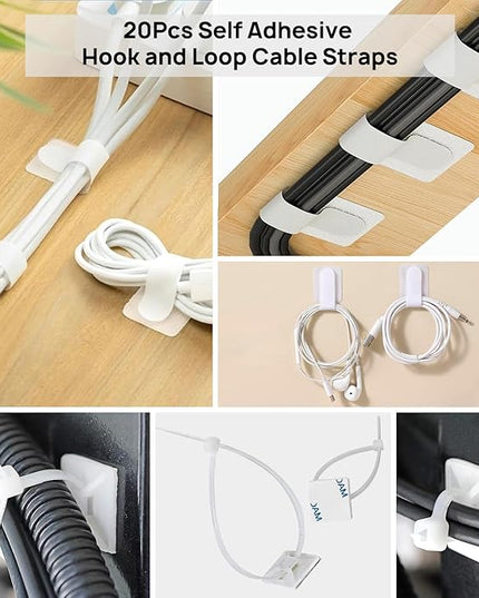 193 PCS Cable Management Kit - 4 Cable Sleeve, 57 Self Adhesive Cable Clips, 12 Hanging Strips, 12 Cable Organizer Straps and 100 Fastening Cable Ties for TV Computer Under Desk (White)