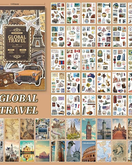 Prstincol Vintage Aesthetic Washi Stickers and Papers for Scrapbooking, 50 Sheets Ephemera Book for Art Journaling with Retro Global Travel Theme Stickers and Decoupage Papers for Junk Journal
